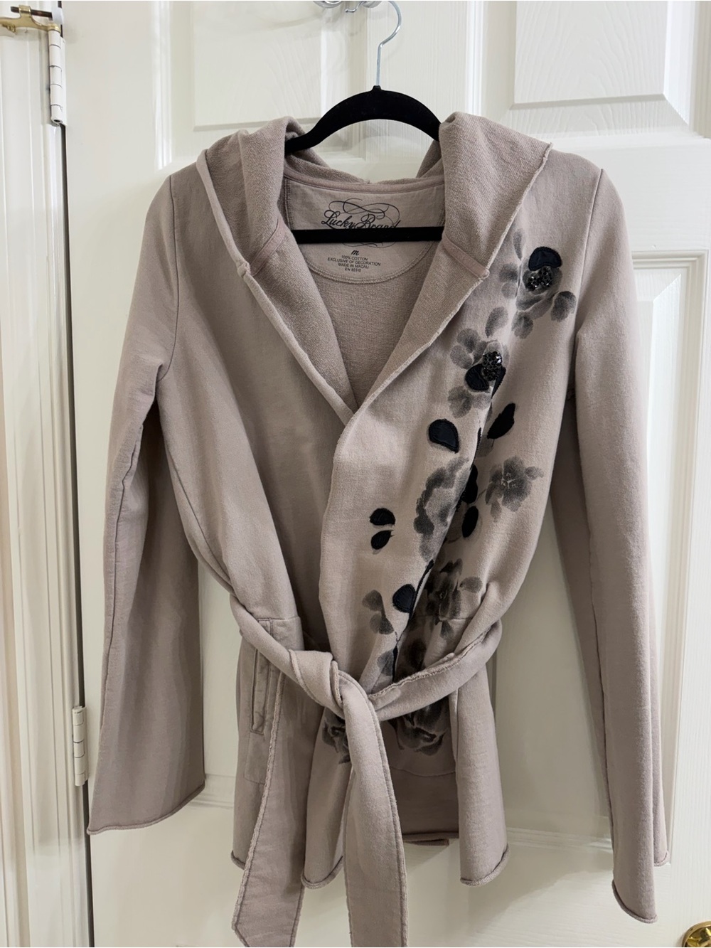 Lucky Brand Taupe Hooded Tie-Waist Cardigan with Black Floral Accents Size M
